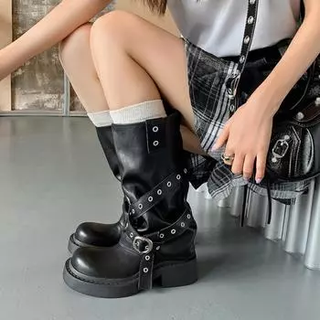 Autumn Winter Thick High Heels Women Mid Calf Boots 2024 Hot Sale Gothic Calves Motorcycles Boot Buckle Comfortable Walking Boot 35 чёрный