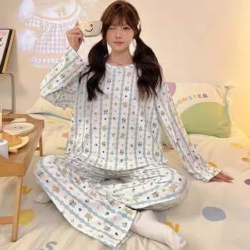 Autumn winter thicken warm Rest Pajamas set Women korean print Long Sleeve Long Pants pyjamas Elegant sleepwear Lapel Loungewear M