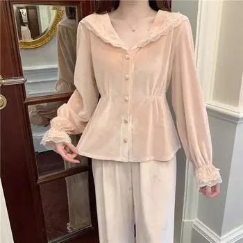 Autumn Winter Trousers Suits Sleepwear Lace Trimmed Long Sleeved 2PCS Pajamas Velvet Warm Nightwear Intimate Lingerie Pijamas M