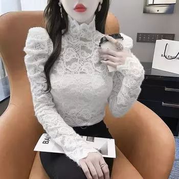 Autumn Winter Turtleneck Lace Base Shirt Women New Fashionable Puff Sleeve Temperament Long-sleeved S