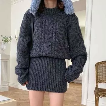 Autumn Winter Twist Elegant Women Knitted Sweater Dress Retro Casual Loose Long Sleeve O Neck Pullover Short Dresses Office New Slim Fit Clothes One size