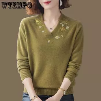 Осенне-зимний женский свитер с V-образным вырезом и длинными рукавами, повседневный, свободный и удобный, универсальный, трикотажный топ M