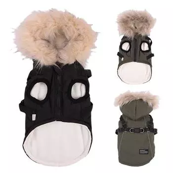 Autumn Winter Warm Pet Dog Jacket With Harness Hooded Dog Padded Coat For Small Medium Dogs Puppy Coat with Imitation Fur Hat M