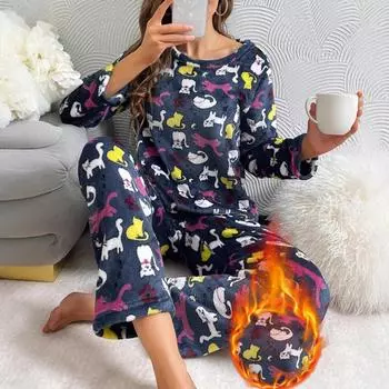 Autumn winter Warm Round Neck Long Sleeve 2 Piece Outfit Set Women Plush Home Clothes for Women Cute Printing Pajamas for Girls S
