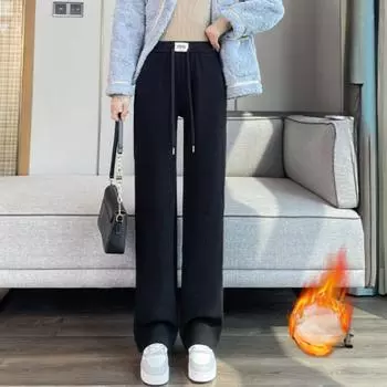 autumn Winter Warm Straight Pants Women s Snow Plush Fleece Thermal Strench Lady corduroy loose Trousers Female plus size Thick Velvet pant Clothing M чёрный