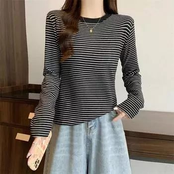 Autumn Winter Warm Thickening Women Velvet T-shirt Pullover Long Sleeve O-neck Casual loose black stripe T Shirt Ladies Y2k Tops M