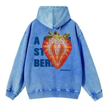Autumn Winter Woman Acid Wash Hoodies A Fresh Strawberey Prints Sweatshirts Oversize Pocket Cotton Hooded Clothes M
