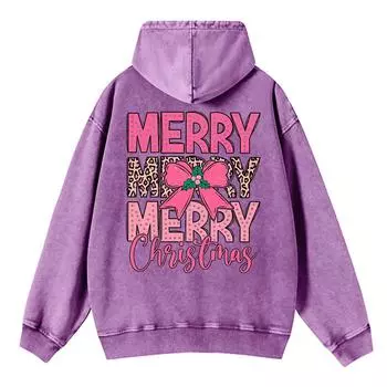 Autumn Winter Womans Washed Hoodies Merry Christmas Bow Prints Pullovers Pocket Oversize Cotton Hooded Clothes L