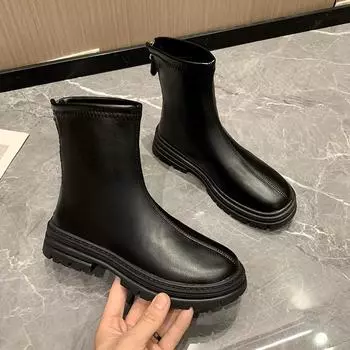 Осенне-зимние женские ботильоны Модные мягкие кожаные женские короткие ботильоны на низком каблуке Элегантные молнии сзади Женская обувь 35 чёрный