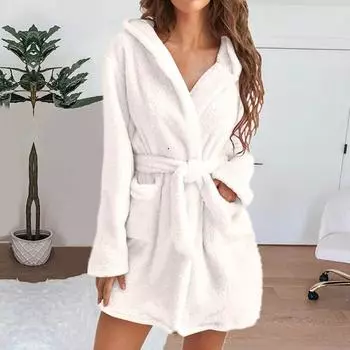 Autumn Winter Women Bath Robe Fluffy Plush Pyjamas Ladies Sexy Hooded Dressing Solid Color Gown Warm Bathrobe Female Loungewear XS