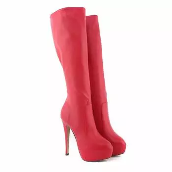 Осенне-зимние женские сапоги, сексуальные, 14 см, суперматовая кожа, круглый носок, высокие каблуки, выше колена, красные женские туфли, большой размер 43 35 оранжевый