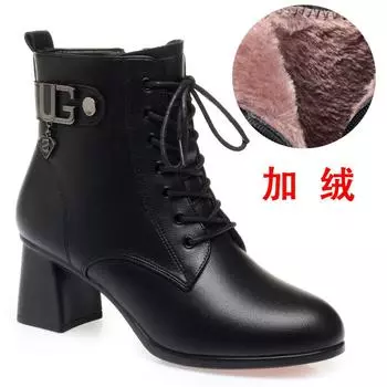 Autumn Winter Women Boots Thick Plush Warm Women High-heeled Genuine Leather Boots High-quality Female Snow Boots Women Shoes 35