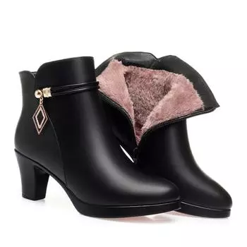Autumn Winter Women Fashion Boots New Keep Warm Plush Ankle Boots Snow Boots Comfort High Heels Soft Leather Cotton Shoes 35