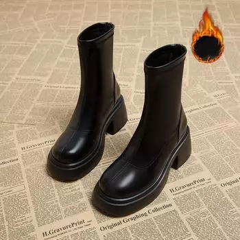 Autumn Winter Women Platform Ankle Boots Soft Leather Shoes Thick Heel Women s Short Booties 40 чёрный