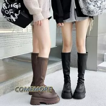Autumn Winter Women s Flats Heel Long Boots High Quality Soft Leather PU Ladies Knight Boots Casual Knee-high Boot Woman Comfort 35 кофейный