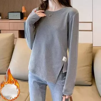 Autumn,winter,Women s loose o-neck T-shirts, Long Sleeve, Bottoming Pullover, Solid thicken gray Tops, Casual Irregular t shirt, M