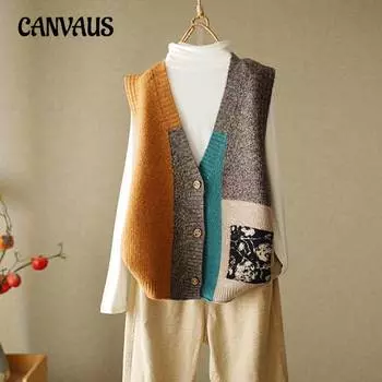 Осенне-зимний женский свободный свитер-жилет, винтажный вязаный жилет One Size жёлтый