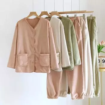 Осенне-зимний женский пижамный комплект с V-образным вырезом, длинными рукавами, длинными брюками, комплект из двух предметов, плотный кардиган из кораллового бархата, домашняя одежда M