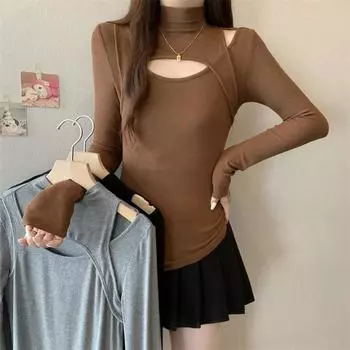 Autumn,winter,Women s Slim Half high collar T-shirts, Long Sleeve, Casual hole t shirt,Bottoming Pullover, Solid thicken Tops, M
