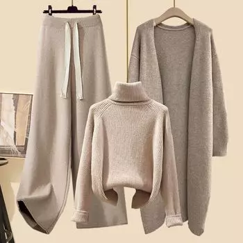 Autumn Winter Women s Suit Ladies Knitted Cardigan Pullover Wide Leg Pants Three Piece Office Casual Suit XXXXL