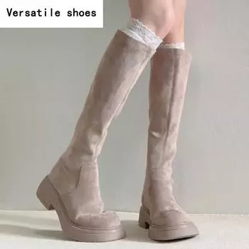 Осень-зима женские эластичные сапоги до колена модные слипоны на винтажном квадратном каблуке женские лаконичные длинные Botas De Mujer 35