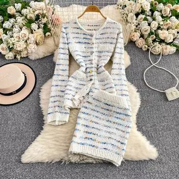 Autumn Winter Women Sweet Striped Knitted Sweater Two Piece Set Single Breasted Cardigans Tops and Mini Short Sheath Skirt Suit One size