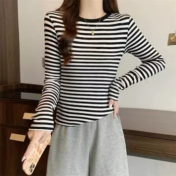 Autumn winter Women T-Shirts black stripe thickening Pullovers Female Y2k Tops T Shirt Harajuku Casual Loose Bottoming tee Shirt M