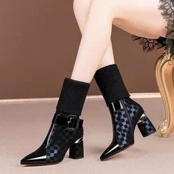 Autumn Winter Womens Boots High-heeled Ladies Shoes Thick Heel Stretch Fabric Women s Boots Winter Pointed Toe Zipper High Heel Boots Female 41 синий