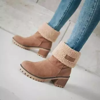 Autumn Woman Fashion Casual Comfortable Plus Velvet Warm Square Heel Round Toe Solid Color Women s Ankle Boots 36