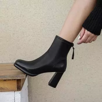 Autumn Women Ankle Boots Fashion Elegant Soft Leather Shoes Thick Heel Women s Modern Short Booties 35 бежевый