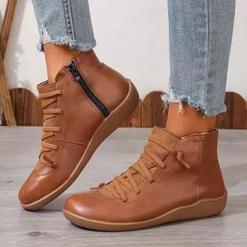 Autumn Women Boots Leather Ankle Boots Lace Up Round Toe Women s Short Leather Boots Retro High Top Sneakers Casual Botas Mujer 36 чёрный