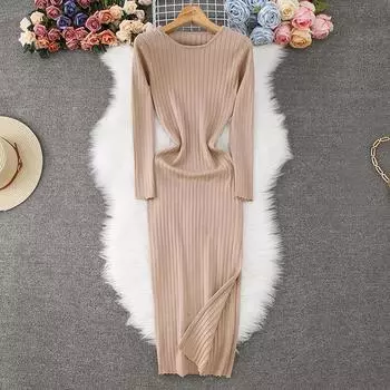 Осенние женские элегантные вязаные свитера с круглым вырезом, облегающие платья-пуловеры с разрезом One Size хаки