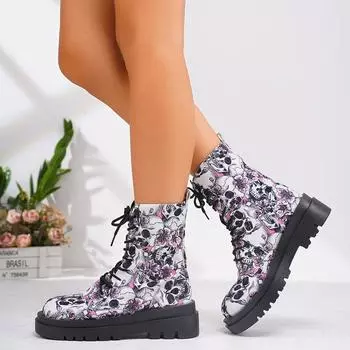 Autumn Women Halloween Print Boots All Saints Day Bat Pumpkin Ankle Boots Goth Shoes Fashion Platform Heel Lace-up Riding Boots 35 бежевый
