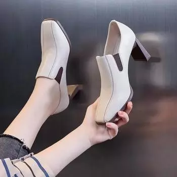 Autumn Women Pums Cozy Work Shoes Slip-On 2024 Vintage Pumps Dress Prom Career Thick Heel 7cm Ladies Shoes Square Toe Pumps 35 чёрный