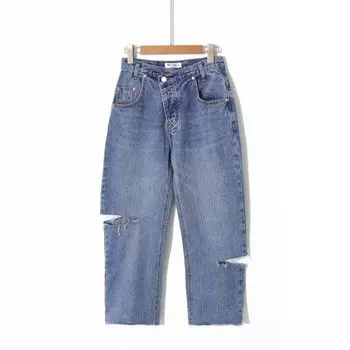 Autumn Women Ripped Open-Leg Temperament Jeans Fashion Loose Slimming Thickened Straight Four-Button Cardigan Cropped Pants Blue S
