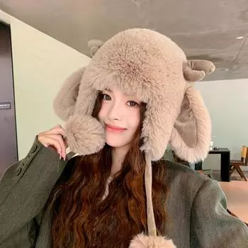 Autumn Women s Antler Plush Thickened Thunderbolt Hat Winter Big Head Circumference Outdoor Cold Fashion Ear Protection Cap One Size белый