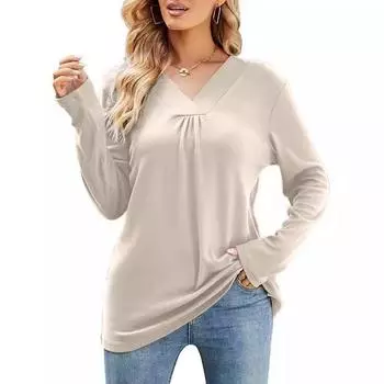 Autumn Women s Casual V-neck Pleated Long Sleeve Loose T-Shirt S чёрный