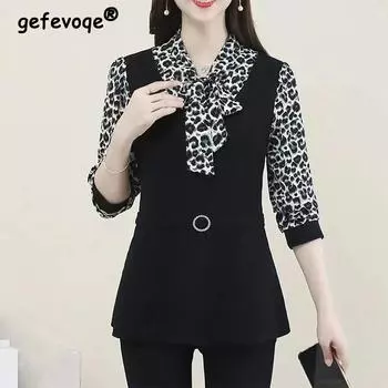 Autumn Women s Fack Two Piece Print Pactchwork Bow Shirt Female Elegant Fashion Long Sleeve Blouse Office Lady Blusa Top L