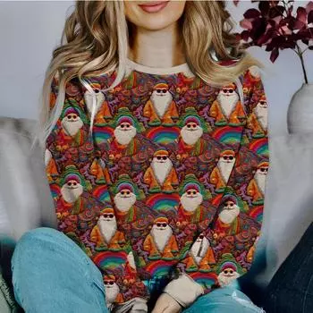 Autumn women s fashion casual 3D printed Christmas contrasting loose hoodie S