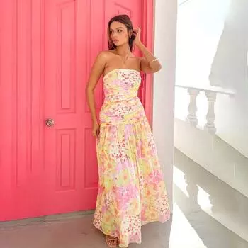 Autumn Women s Fashion Long Dress Sweet Atmosphere Sexy Slim Print Strapless A-swing Dress S разноцветный