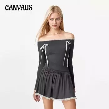 Осенняя женская мода без бретелек с длинным рукавом кружево сбоку одно плечо короткое платье M темно-серого