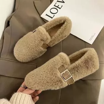Autumn Women s Flat Shoes New Keep Warm Fur Flat Slip on Casual Shoes for Women Loafers New Fashion Light Women s Walking Shoes 35 бежевый