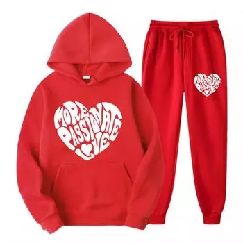 Autumn Women S Hoodie & Pants Two Piece Set Fleece Pocket Loose Sweatshirt Red Heart Graphic Prints Clothes Sportswear S