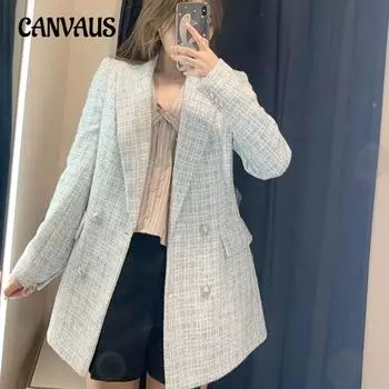 Осенняя женская куртка из твида с карманами и винтажным блейзером с длинными рукавами XS