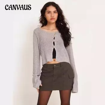 Осенний женский трикотаж темперамент круглый вырез длинный рукав короткий без воротника сексуальный пуловер вязаный топ S трава зеленый