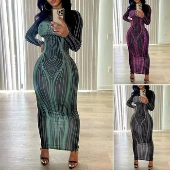 Осенние женские платья с длинным рукавом и круглым вырезом, модные принты, облегающие платья до бедра L чёрный