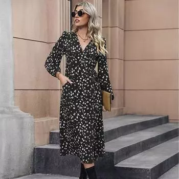 Autumn Women s Mid-length Petal Print Dresses Chic Comfortable and Versatile Temperament Elegant Casual Women s Clothing Gentle Lady s Dress S чёрный
