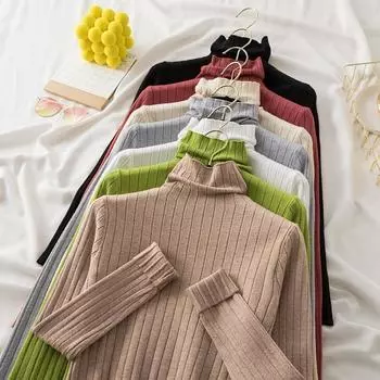 Autumn Women s Pile Pit Turtleneck Sweater Solid Color Slim Fit Bottom Shirt Long Sleeve Casual Simple Pullover Knitted Sweaters Basic Clothes 2162 One Size чёрный