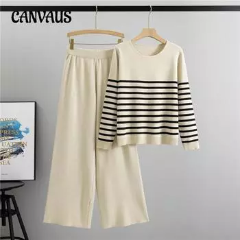 Осенний женский брючный костюм больших размеров, повседневный модный костюм, шикарный трикотажный топ в полоску, широкие брюки One Size абрикосовый