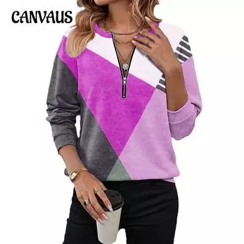 Autumn Women s Pullover Blouse Colour Blocking Loose Zip Long Sleeve V-Neck Top
